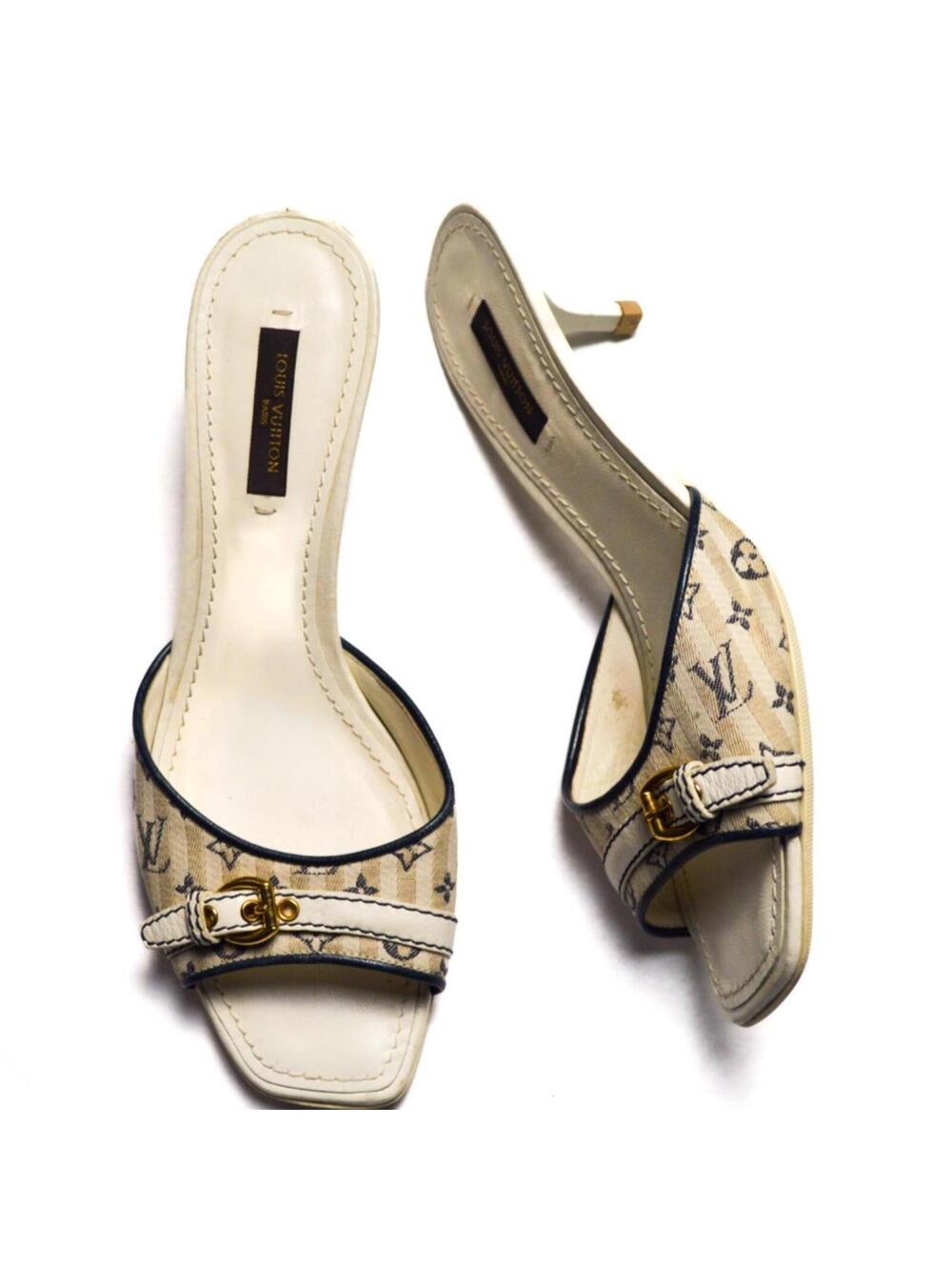 Louis Vuitton White Monogram Mules with Gold Buckle